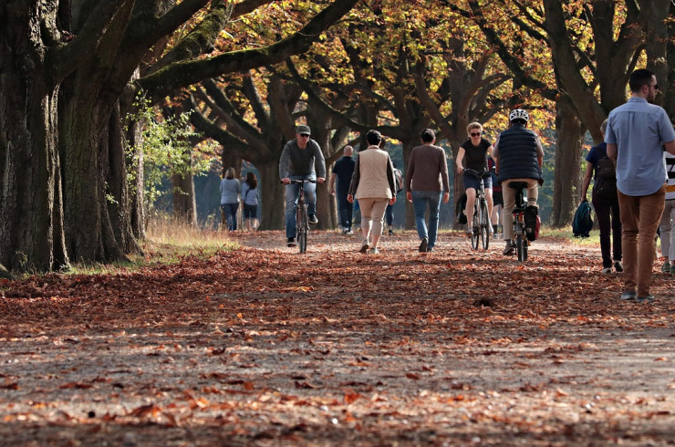 Photo d'un parc urbain en automne avec des personnes marchant ou faisant du vélo