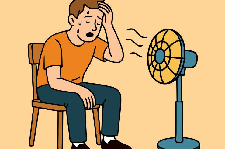 Illustration (dessin) d'une personne transpirant devant un ventilateur